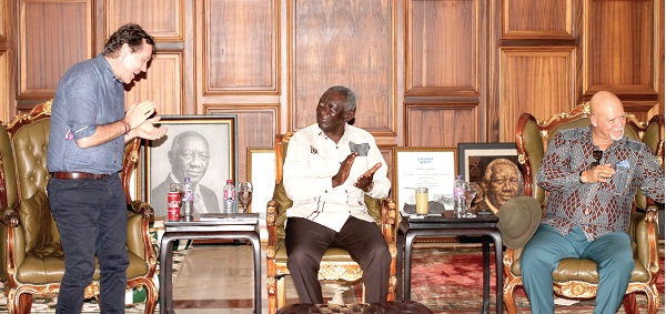 Former President John Agyekum Kufuor (middle), acknowledging Prof. Stephen Meier (left), Chair of the Management Division at the Colombia Business School, United States of America during the courtesy call. With them is Thomas Svanikier, Chairman of the Advisory Board of Fidelity Bank. Picture: Maxwell Ocloo